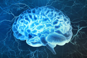 Human brain digital illustration. Electrical activity, flashes and lightning on a blue background.